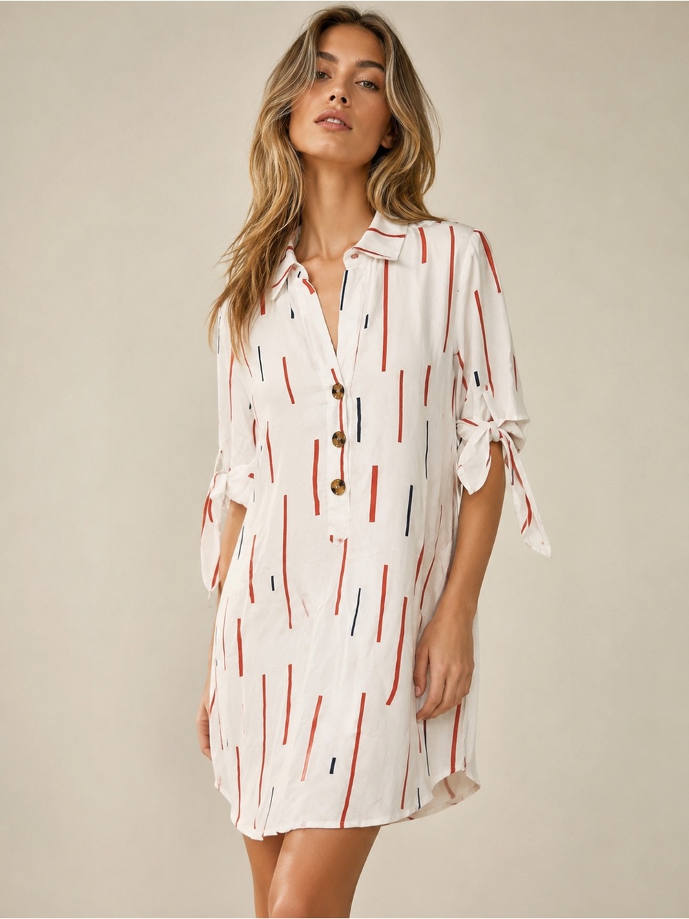 Lush White Stripe Shirt Dress Small Tie Sleeve Button Front Coastal Chic